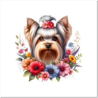 A yorkshire terrier with beautiful colorful flowers Posters and Art